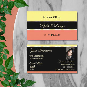 Yellow Black and Salmon Stripes with Photo Stylish Business Card