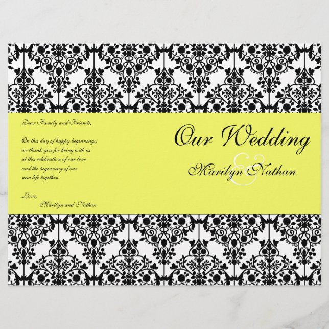 Yellow, Black, and White Damask Wedding Program (Front)