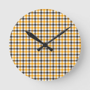 Yellow Black and White Gingham Check Round Clock