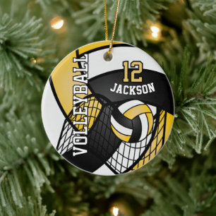 Yellow, Black and White Personalise Volleyball  Ceramic Tree Decoration