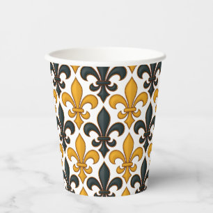 Yellow Black Baroque Fleur-de-lis Pattern Design Paper Cups