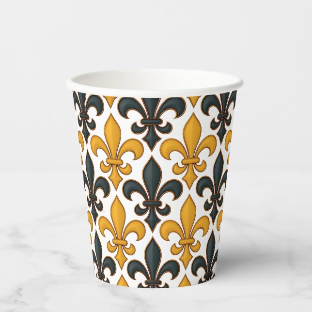 Yellow Black Baroque Fleur-de-lis Pattern Design  Paper Cups (Front)