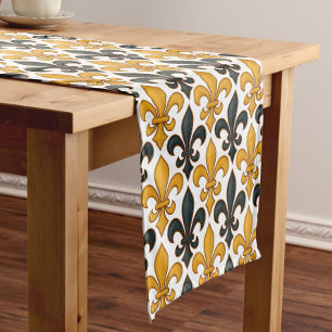 Yellow Black Baroque Fleur-de-lis Pattern Design Short Table Runner