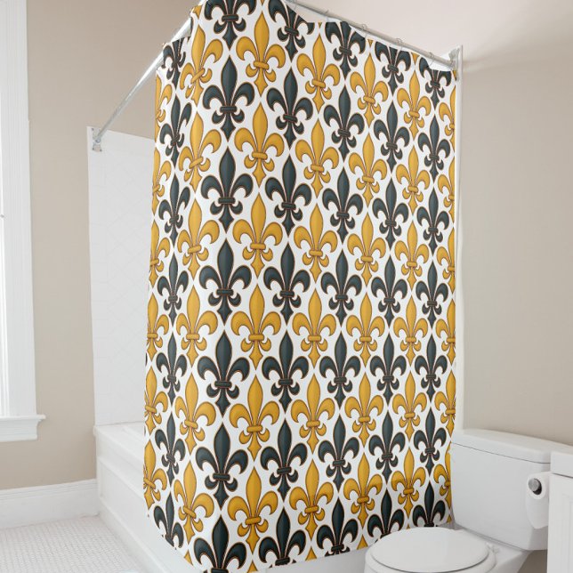 Yellow Black Baroque Fleur-de-lis Pattern Design  Shower Curtain (Creator Uploaded)