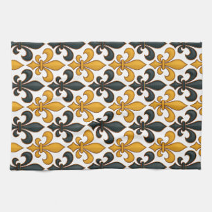 Yellow Black Baroque Fleur-de-lis Pattern Design  Tea Towel
