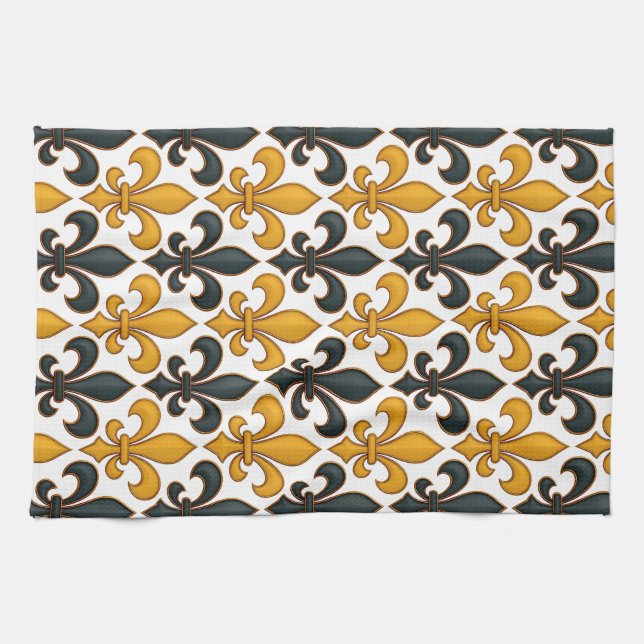 Yellow Black Baroque Fleur-de-lis Pattern Design  Tea Towel (Horizontal)