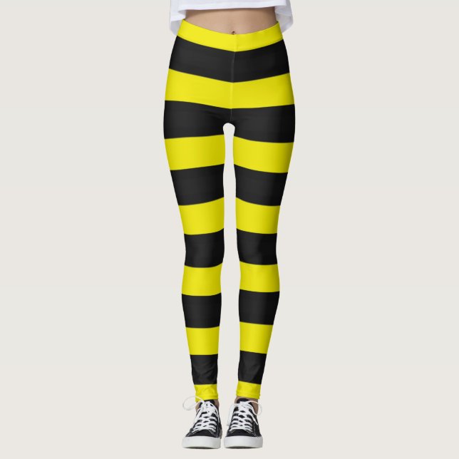 Yellow, Black Bee-Like Stripes Pattern Leggings (Front)
