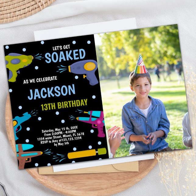 Yellow Black Blue Photo Water Gun Invitations (Yellow Black Blue Photo Water Gun Invitations)