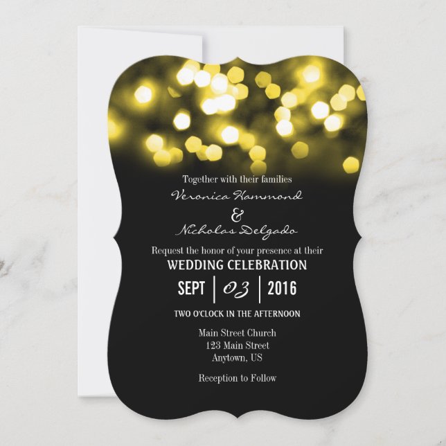 Yellow Black Bokeh Glitter Lights Wedding Invites (Front)