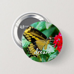 Yellow black butterfly photo dream script modern 6 cm round badge