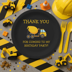 Yellow Black Cement Truck Child's Birthday Thanks Paper Plate