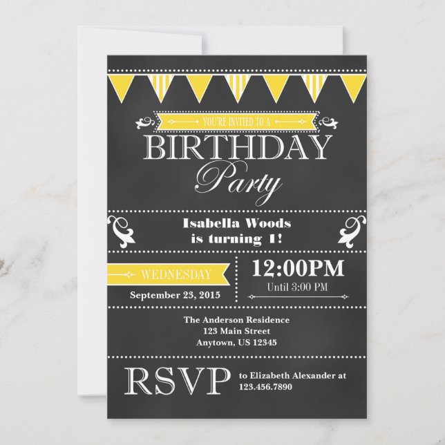 Yellow Black Chalkboard Birthday Invitation (Front)