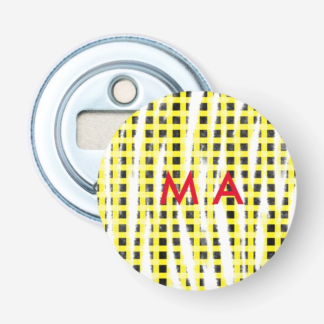 Yellow Black checkboard add name monogram name let Bottle Opener (Front)