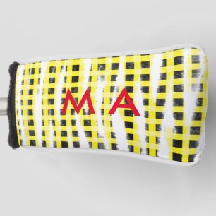 Yellow Black checkboard add name monogram name let Golf Head Cover