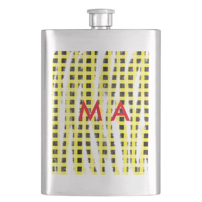 Yellow Black checkboard add name monogram name let Hip Flask (Front)