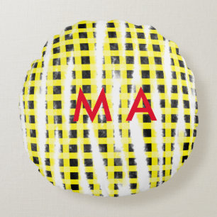 Yellow Black checkboard add name monogram name let Round Cushion