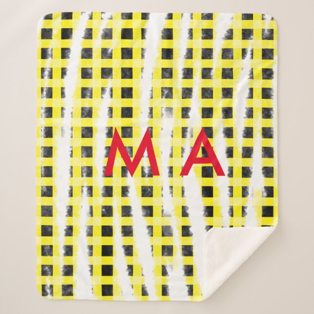 Yellow Black checkboard add name monogram name let Sherpa Blanket (Front)