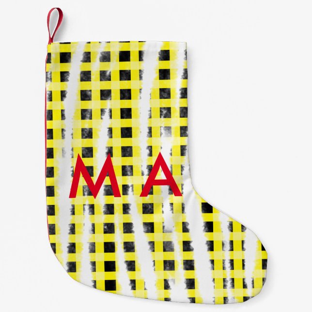 Yellow Black checkboard add name monogram name let Small Christmas Stocking (Front)