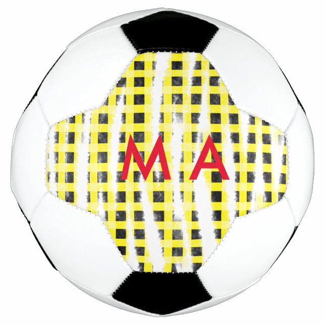 Yellow Black checkboard add name monogram name let Soccer Ball (Front)