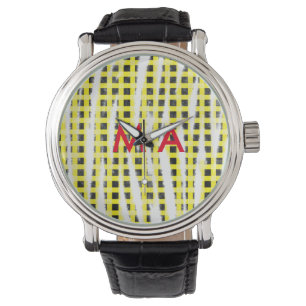 Yellow Black checkboard add name monogram name let Watch