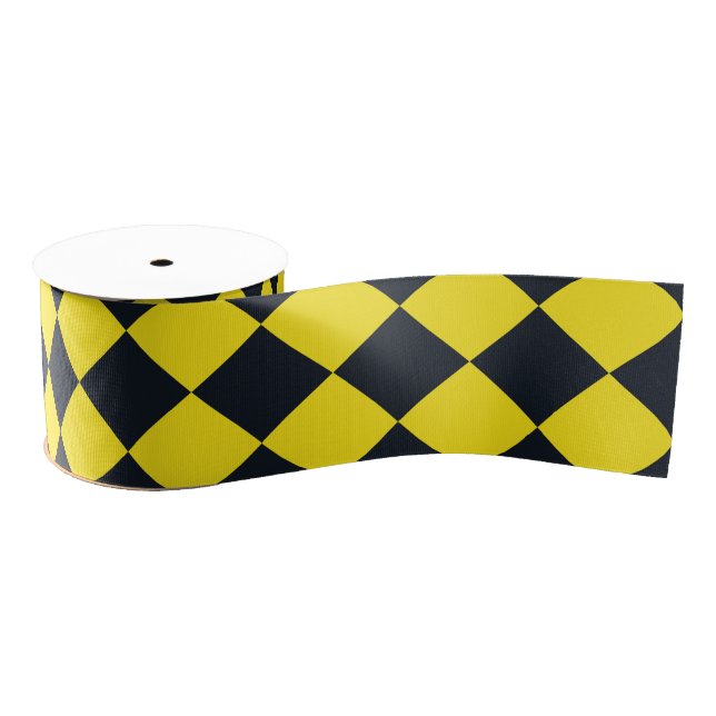Yellow Black Chequered Diamond Pattern Grosgrain Ribbon (Spool)