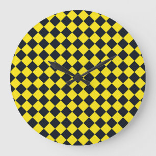 Yellow Black Chequered Diamond Pattern Large Clock