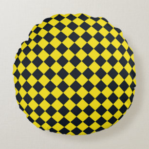 Yellow Black Chequered Diamond Pattern Round Cushion