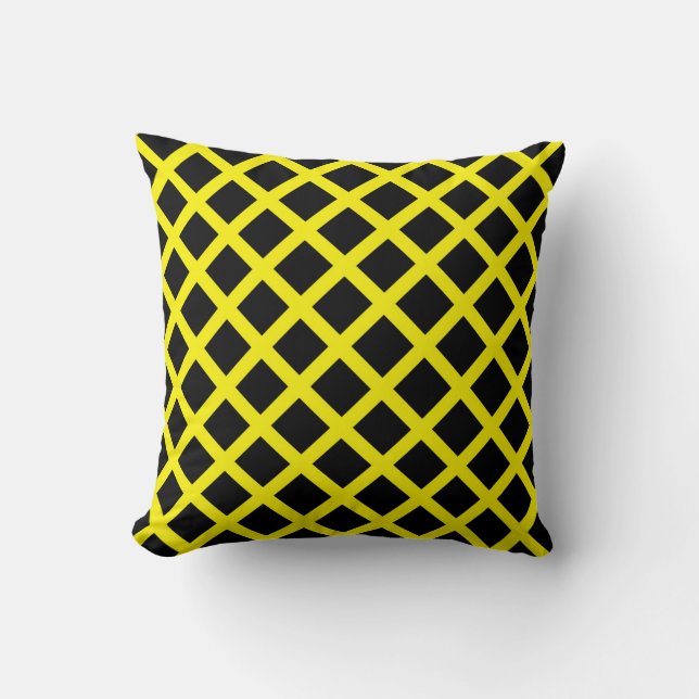 Yellow Black Chequered Diamond Stripes Pattern Cushion (Front)
