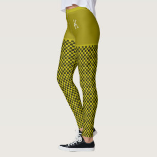 Yellow Black Chequered Pattern Monogram Customised Leggings