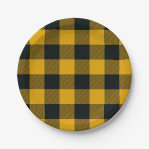 Yellow & Black Chequered Squares Buffalo Plaid Paper Plate
