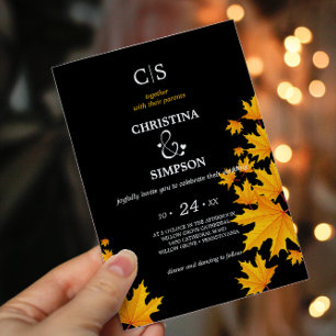 Yellow & Black Classic autumn leaves wedding Invitation