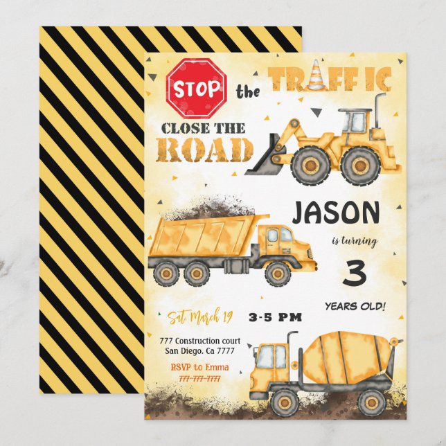 Yellow & Black Construction Birthday Invitation (Front/Back)