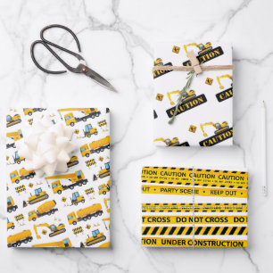 Yellow Black Construction Boy Birthday Gift Favor Wrapping Paper Sheet