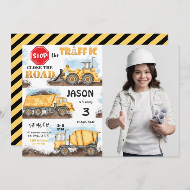 Yellow & Black Construction Invitation With Photo (Front/Back)