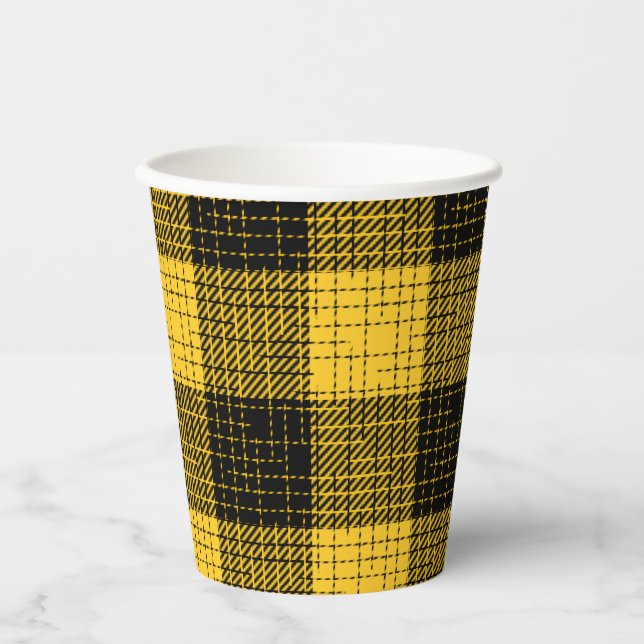 Yellow Black Crosshatch Buffalo Check Paper Cups (Front)
