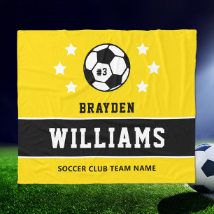Yellow Black Custom Soccer Name Number Fleece Blanket