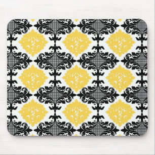 Yellow & black damask floral girly flower pattern mouse pad