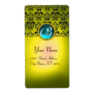 YELLOW BLACK DAMASK MONOGRAM, aquamarine turquase