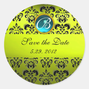 YELLOW BLACK DAMASK MONOGRAM , blue turquase Classic Round Sticker
