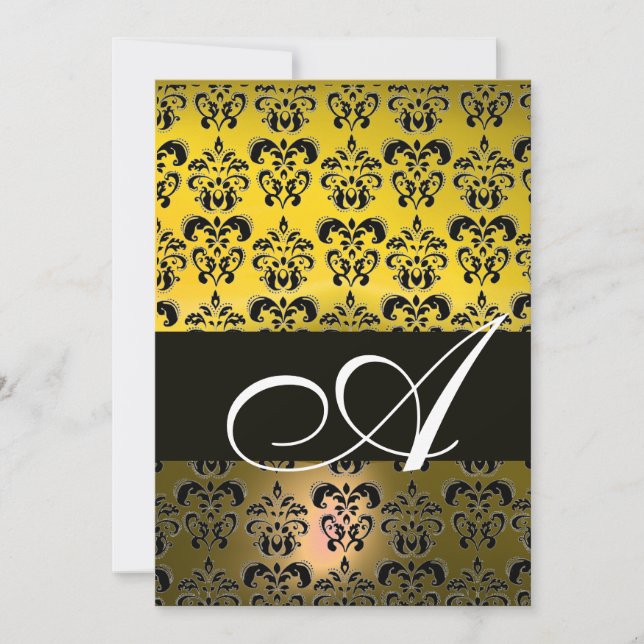 YELLOW BLACK DAMASK MONOGRAM ,bright white Invitation (Front)