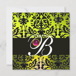 YELLOW BLACK DAMASK MONOGRAM PINK PURPLE Amethyst Invitation