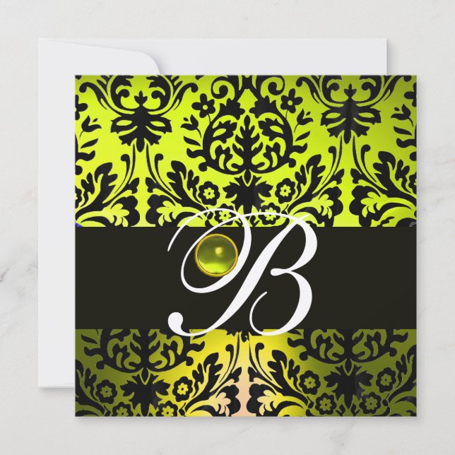 YELLOW BLACK DAMASK MONOGRAM TOPAZ GOLD INVITATION (Front)