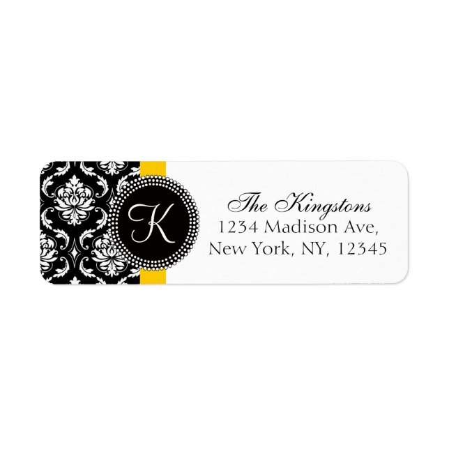 Yellow Black Damask Monogram Wedding Address Label (Front)