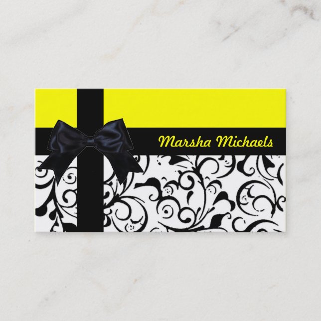 Yellow black damask ribbon custom business cards (Front)