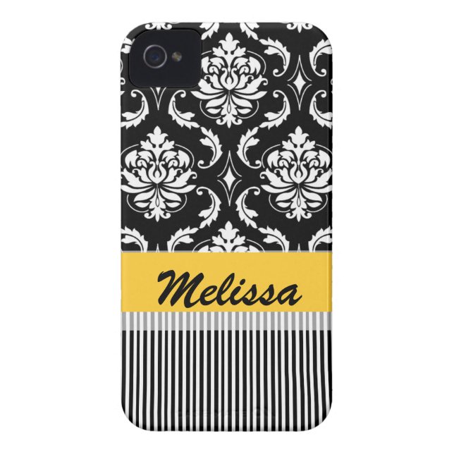 Yellow Black Damask Stripes Your Name Case-Mate iPhone Case (Back)