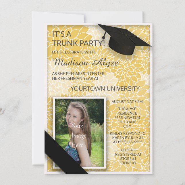 Yellow Black Floral Trunk College Party Photo Invitation (Front)