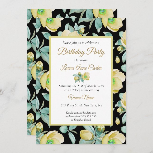 Yellow Black Floral Watercolor Birthday Party Invitation (Front/Back)