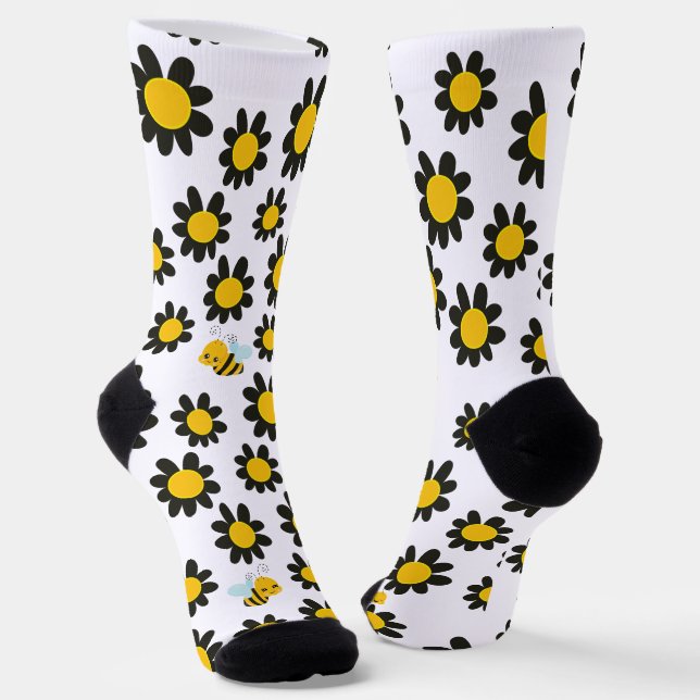 Yellow Black Flower Pattern With Bees Socks (Angled)