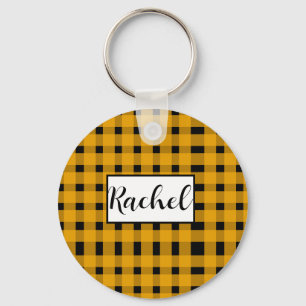 Yellow Black Gingham Personalised Key Ring