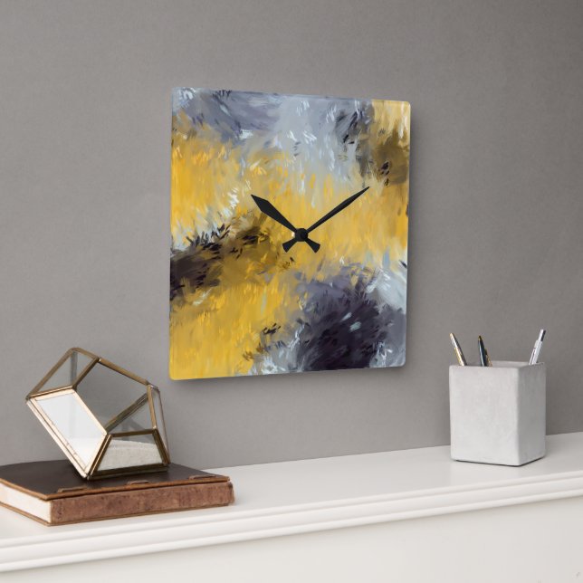  Yellow Black Gray White Abstract Brushstrokes  Square Wall Clock (Office)